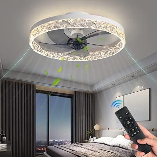 Auction KINDLOV Modern Indoor Flush Mount Ceiling Fan with Lights,Dimmable Low Profile Ceiling Fans with Remote Control,Smart 3 Light Color Change and 6 Speeds for Bedroom Living Room Kitchen,White