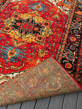 Load image into Gallery viewer, 6'7" x 9'6" Bratton loomed Red/Black/Orange/Lime/Teal oriental rug