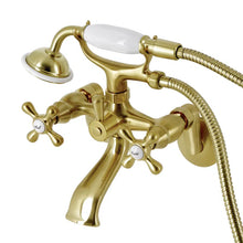 Load image into Gallery viewer, KS266SB Kingston Triple Handle Wall Mounted Clawfoot Tub Faucet Trim with Diverter and Handshower, Satin Brass