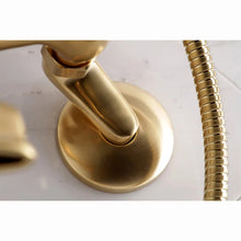 Load image into Gallery viewer, KS266SB Kingston Triple Handle Wall Mounted Clawfoot Tub Faucet Trim with Diverter and Handshower, Satin Brass