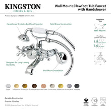 Load image into Gallery viewer, KS266SB Kingston Triple Handle Wall Mounted Clawfoot Tub Faucet Trim with Diverter and Handshower, Satin Brass