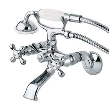 Load image into Gallery viewer, Kingston Triple Handle Wall Mounted Clawfoot Tub Faucet with Handheld Shower WITH Vintage Clawfoot 1.5" Chain and Plug Tub Drain with Overflow