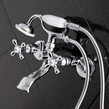 Load image into Gallery viewer, Kingston Triple Handle Wall Mounted Clawfoot Tub Faucet with Handheld Shower WITH Vintage Clawfoot 1.5" Chain and Plug Tub Drain with Overflow