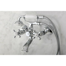 Load image into Gallery viewer, Kingston Triple Handle Wall Mounted Clawfoot Tub Faucet with Handheld Shower WITH Vintage Clawfoot 1.5" Chain and Plug Tub Drain with Overflow