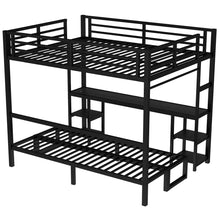 Load image into Gallery viewer, Queen Over Twin XL Metal Bunk Bed/Loft Bed with Desk and Shelves, Multiple Uses Folds into Sofa with LED and USB, Black