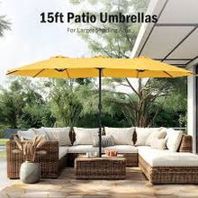 Load image into Gallery viewer, PHI VILLA 15 ft. Market Patio Umbrella with Lights Base and Sandbags in Golden Yellow
