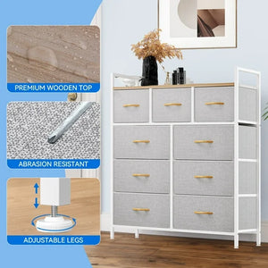DEXTRUS 9-Drawer Fabric Dresser for Adults, Storage Tower Organizer for Bedroom & Closet, Light Grey