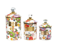 Load image into Gallery viewer, MacKenzie-Childs Hand Decorated Enamel Canisters (set of 3) - WHITE FLOWER