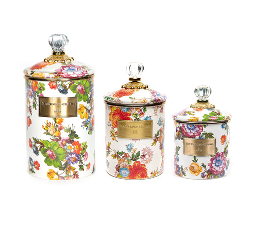 MacKenzie-Childs Hand Decorated Enamel Canisters (set of 3) - WHITE FLOWER