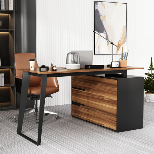 Famapy L-Shaped Executive Desk with Storage Drawers and Shelving - Modern Office Desk with Black Steel Frame (54.3