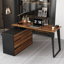Load image into Gallery viewer, Famapy L-Shaped Executive Desk with Storage Drawers and Shelving - Modern Office Desk with Black Steel Frame (54.3&quot; W x 40.9&quot; D x 29.1&quot; H) Walnut