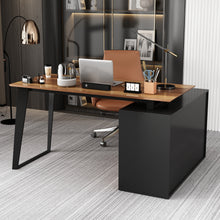 Load image into Gallery viewer, Famapy L-Shaped Executive Desk with Storage Drawers and Shelving - Modern Office Desk with Black Steel Frame (54.3&quot; W x 40.9&quot; D x 29.1&quot; H) Walnut
