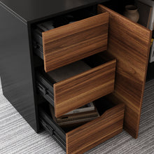 Load image into Gallery viewer, Famapy L-Shaped Executive Desk with Storage Drawers and Shelving - Modern Office Desk with Black Steel Frame (54.3&quot; W x 40.9&quot; D x 29.1&quot; H) Walnut