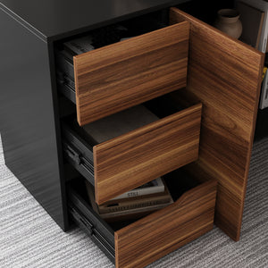 Famapy L-Shaped Executive Desk with Storage Drawers and Shelving - Modern Office Desk with Black Steel Frame (54.3" W x 40.9" D x 29.1" H) Walnut