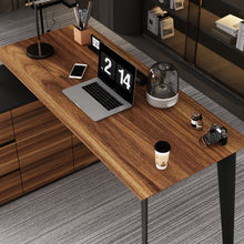 Load image into Gallery viewer, Famapy L-Shaped Executive Desk with Storage Drawers and Shelving - Modern Office Desk with Black Steel Frame (54.3&quot; W x 40.9&quot; D x 29.1&quot; H) Walnut