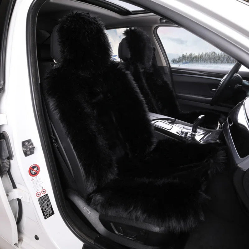 SET OF 2 Simulation Australian Sheepskin Fur Car Front Seat Cover Cushion Mat Long Wool-black