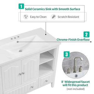 36″ White Ceramic Single Bathroom Vanity Top with Undermount Sink and 3-Faucet Holes