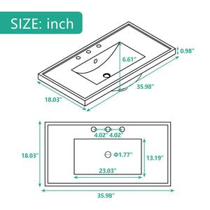 36″ White Ceramic Single Bathroom Vanity Top with Undermount Sink and 3-Faucet Holes