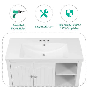 36″ White Ceramic Single Bathroom Vanity Top with Undermount Sink and 3-Faucet Holes