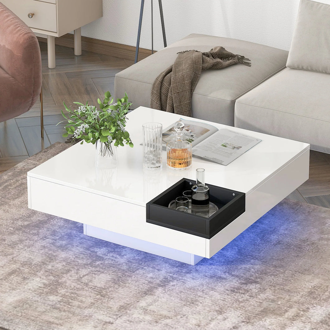 Modern Minimalist Design 31.5*31.5In Square Coffee Table With Detachable Tray with LED Lights