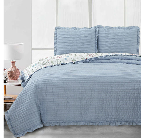 Claro Living Pre-Washed Crinkle Quilt Set - DOUBLE/QUEEN BLUE