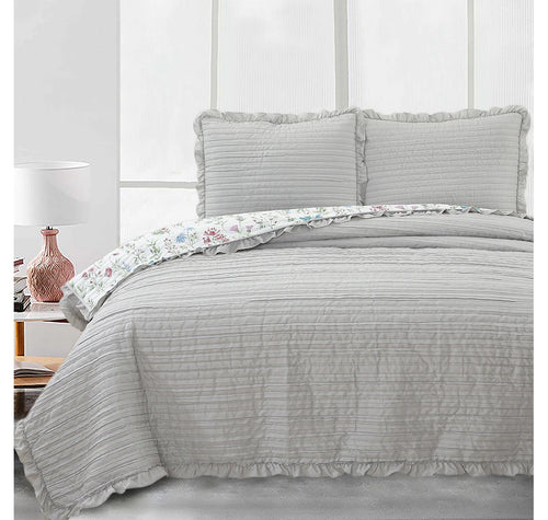 Claro Home Pre-Washed Crinkle 3pc Quilt Set GREY REVERSE FLORAL DBL/Q