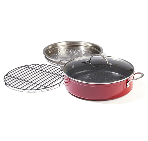 Auction Curtis Stone 5.5-Quart Sauteuse Pan with Steamer And Wire Rack - RED