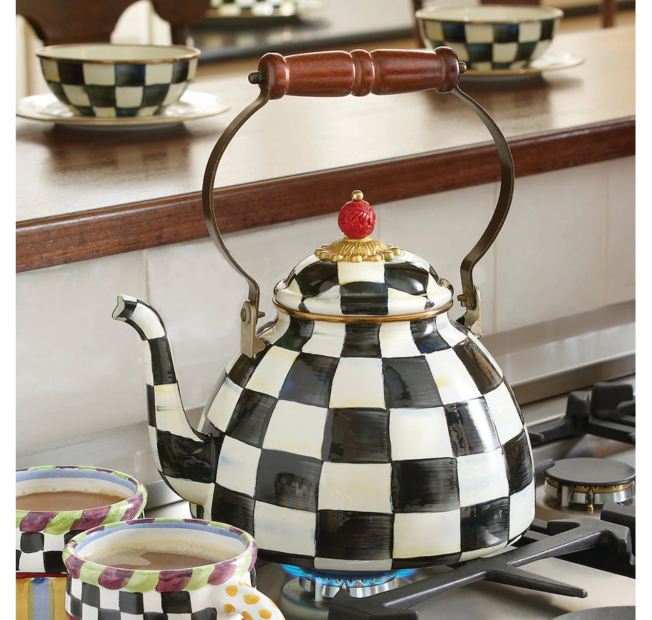 MacKenzie-Childs Hand-Decorated Enamel Tea Kettle, COURTLY CHECK 3QT