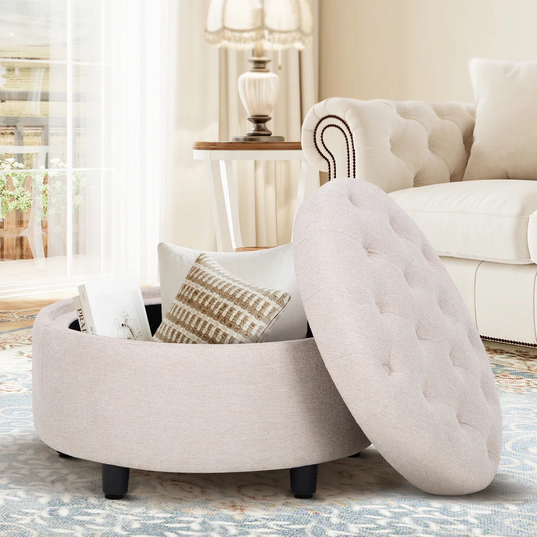 25'' Oversized Upholstered Round Storage Ottoman By Ebern Designs, Beige