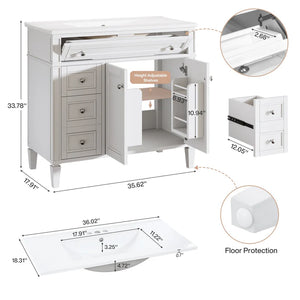 36" Bathroom Vanity, Modern Sink Cabinet With 4 Drawers and 2 Doors