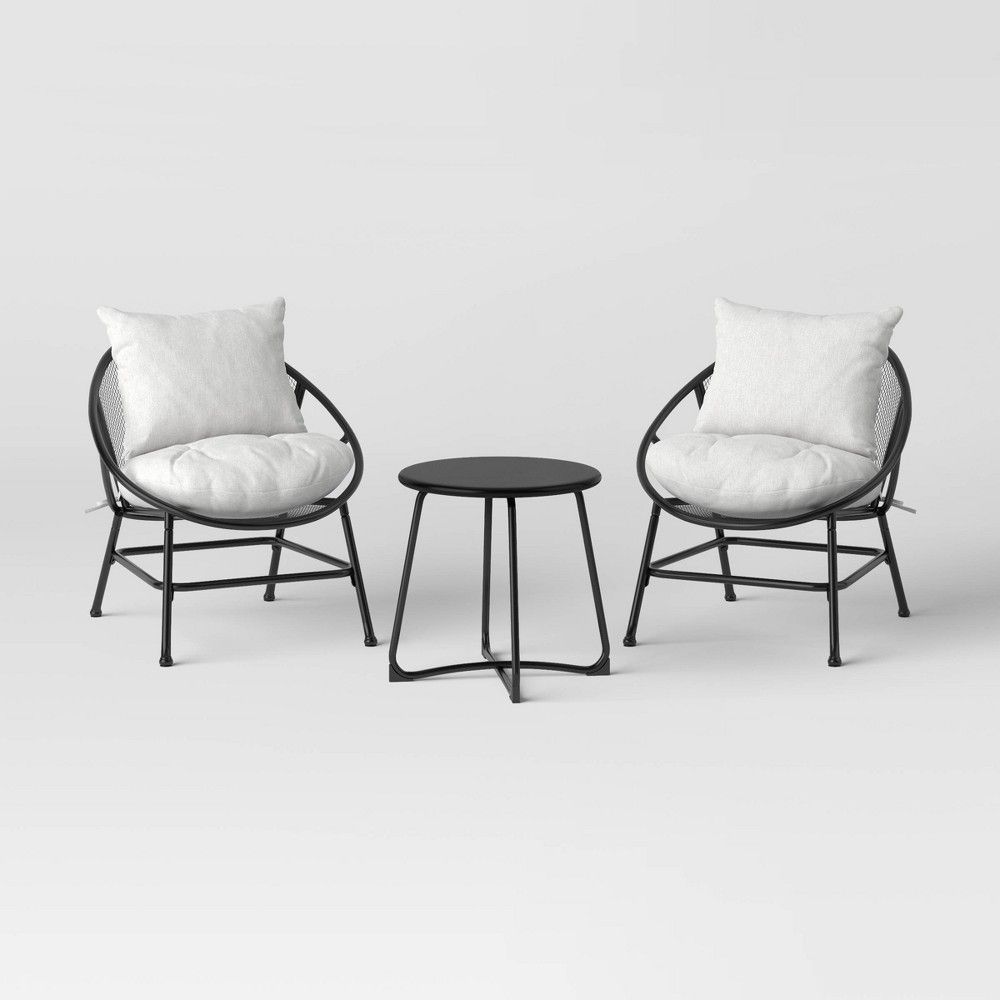 3 pk Metal Mesh Patio Small Space Chair and Accent Table Set, Outdoor Furniture Set - Black/Gray - Room Essentials