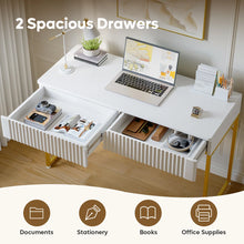 Load image into Gallery viewer, 47&#39;&#39;Elegant Fluted Computer Desks with 2 Drawers,Modern White Makeup Vanity Table &amp; Study Writing Desk with Gold Metal Frame for Bedroom, Office