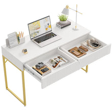 Load image into Gallery viewer, 47&#39;&#39;Elegant Fluted Computer Desks with 2 Drawers,Modern White Makeup Vanity Table &amp; Study Writing Desk with Gold Metal Frame for Bedroom, Office