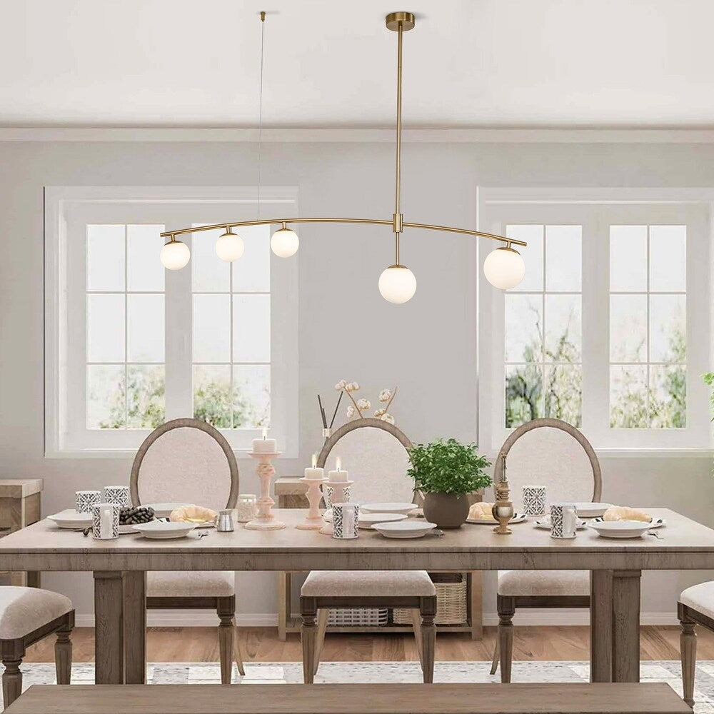 5-Light Modern Linear Pendant Light with Frosted Glass Shades - Brass