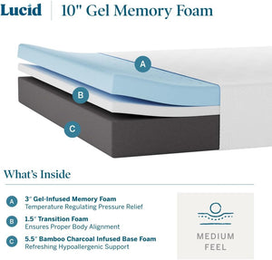 10 Inch LUCID 2020 Gel Memory Foam Mattress - Medium Plush Feel - Hypoallergenic Bamboo Charcoal - Twin XL