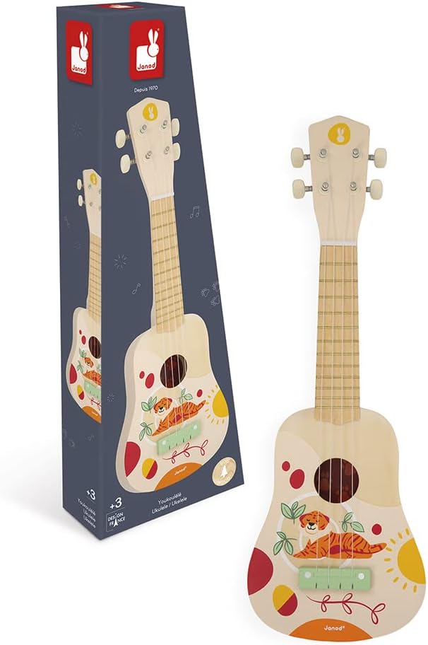 Janod Sunshine Wooden Ukulele - Children\'s Musical Instrument - Pretend Play and Musical Awakening Toy - Water-Based Paint - from 3 Years +