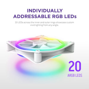 NZXT F140 RGB Duo - 140mm Dual-Sided RGB Fan – 20 Individually Addressable LEDs – Balanced Airflow and Static Pressure – Fluid Dynamic Bearing – PWM Control – Anti-Vibration Rubber Corners – White