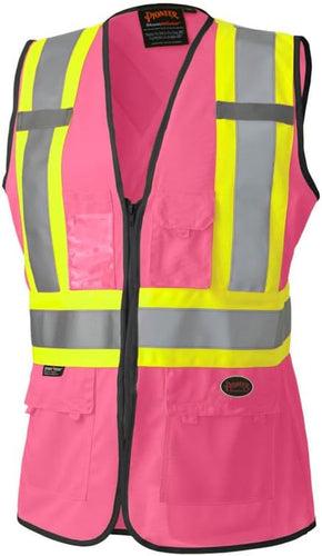 Pioneer Safety Vest for Women with Pockets - Hi-Vis Reflective Tape - for Construction - Pink SMALL