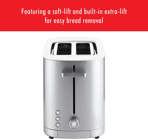 ZWILLING Enfinigy Cool Touch Toaster 2 Slice with Extra Wide 1.5" Slots for Bagels, 7 Toast Settings, Even Toasting, Reheat, Cancel, Defrost, Silver