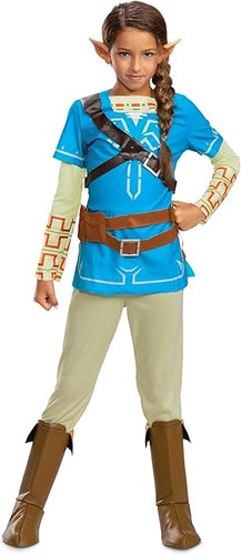 Disguise Link Costume for Kids,Official Zelda Costume Tunic with Ears and Boot Covers from Breath of The Wild,Size L(10-12),Blue