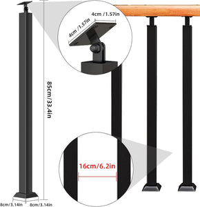 Square Stair Baluster Posts 4 Pack - 270° Adjustable Metal Railing Spindles with Flat Bracket Base and Screws Kits; Black Iron Posts are Suitable for Deck, Balcony, Stair, Indoor and Outdoor Decor