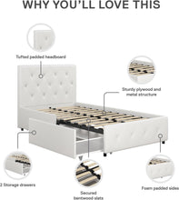 Load image into Gallery viewer, DHP Dakota Upholstered Platform Bed with Underbed Storage Drawers and Diamond Button Tufted Headboard and Footboard, No Box Spring Needed, Twin, White Faux Leather