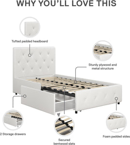 DHP Dakota Upholstered Platform Bed with Underbed Storage Drawers and Diamond Button Tufted Headboard and Footboard, No Box Spring Needed, Twin, White Faux Leather