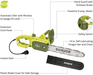 Sun Joe SWJ599E 14" 9-Amp Tree Limb Master Electric Handheld Chainsaw with Low-Kickback