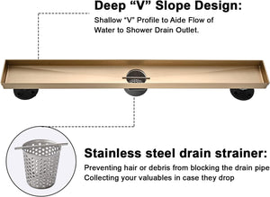 Linear Shower Floor Drain, Brushed Gold 48 Inch 304 Stainless Steel Bathroom Drains Kit