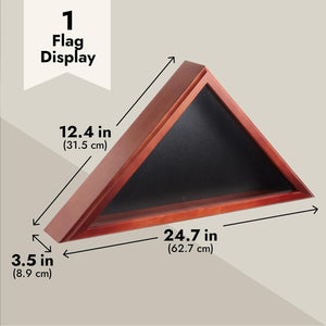 Large Flag Box Display Case for Burial Flag, Veterans, Triangle Holder for a Folded 5' x 9.5' Military Flag with Wall Mount and Glass Front (Cherry Wood Finish, 24.7 x 12.4 x 3.5 In)