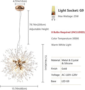 8-Light Isamacc Firework Crystal Chandeliers, Gold Dandelion