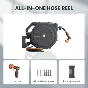 Giraffe Tools AW30 Garden Hose Reel Retractable 1/2" x 100 ft Wall Mounted Water Hose Reel Automatic Rewind, Any Length Lock, 100ft, Dark Grey