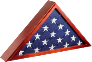 Large Flag Box Display Case for Burial Flag, Veterans, Triangle Holder for a Folded 5' x 9.5' Military Flag with Wall Mount and Glass Front (Cherry Wood Finish, 24.7 x 12.4 x 3.5 In)