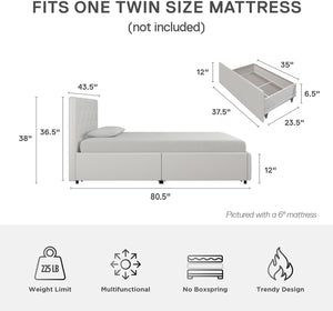 DHP Dakota Upholstered Platform Bed with Underbed Storage Drawers and Diamond Button Tufted Headboard and Footboard, No Box Spring Needed, Twin, White Faux Leather